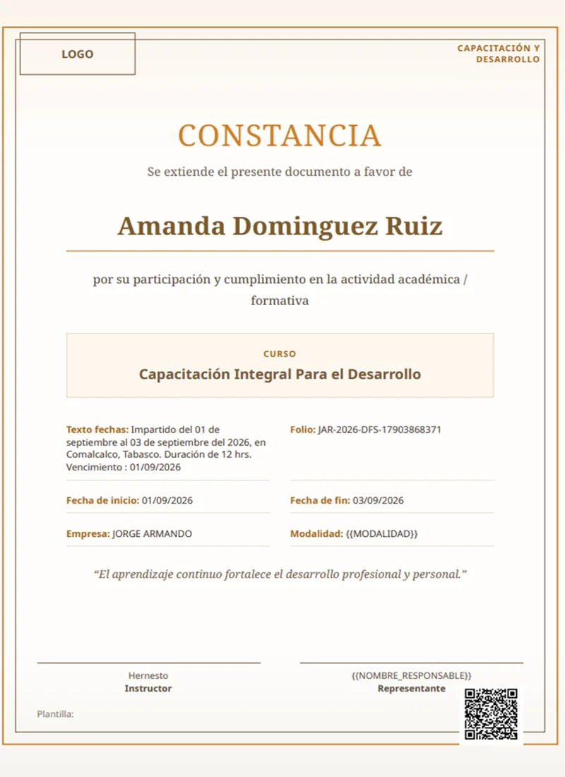 Constancia de ejemplo con código QR de verificación