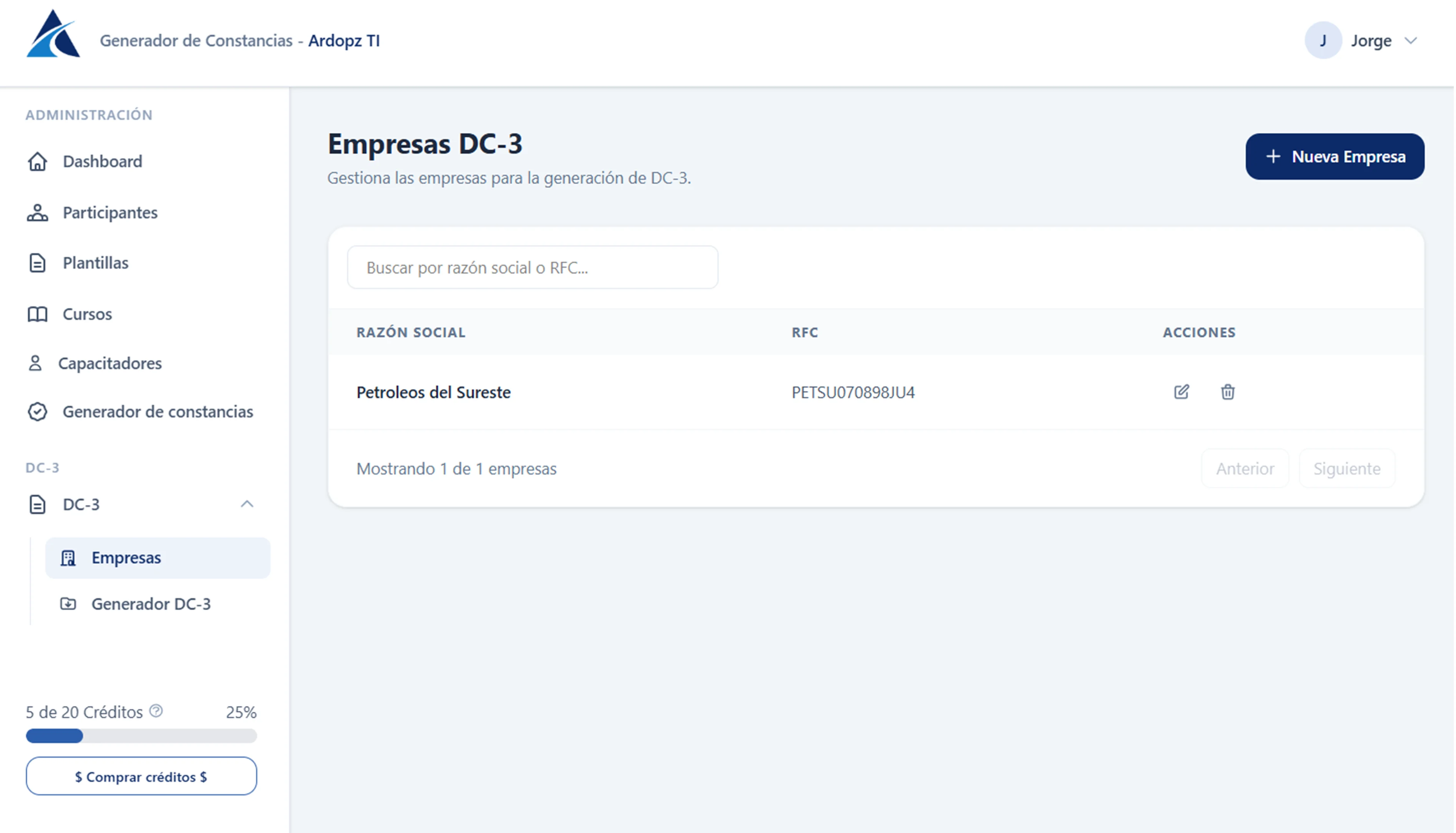 Pantalla de Empresas del módulo DC-3 con una tabla de empresas ficticias, su razón social y RFC