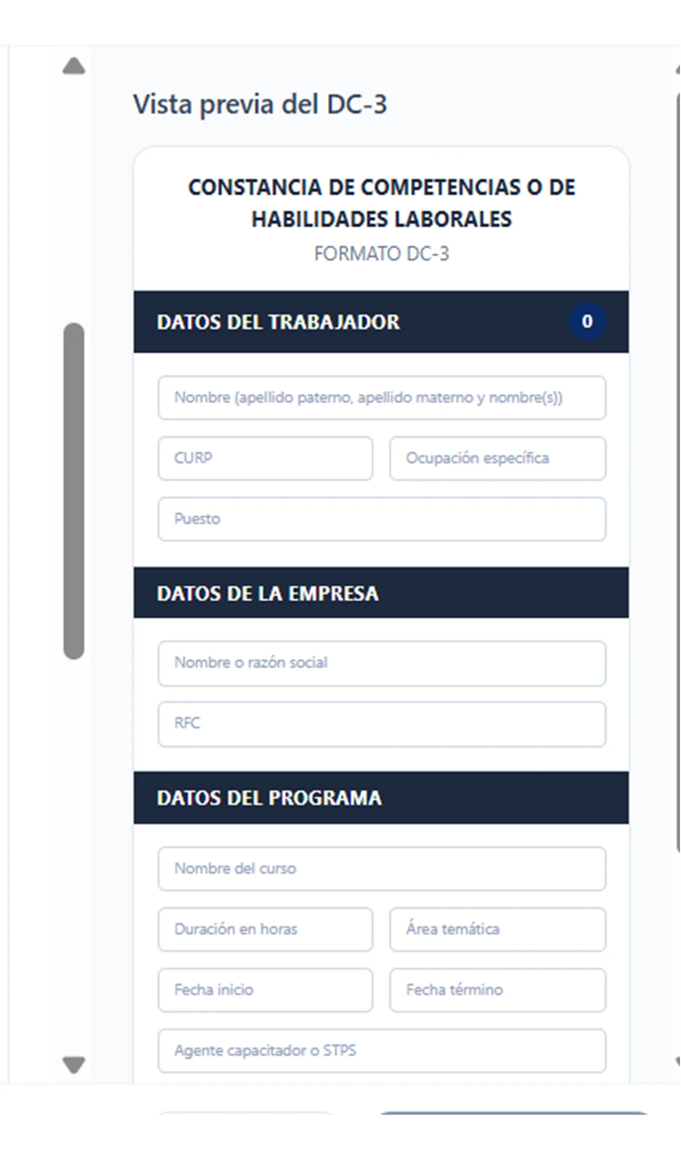 Vista previa del DC-3 en el generador con datos ficticios del trabajador, la empresa y el curso