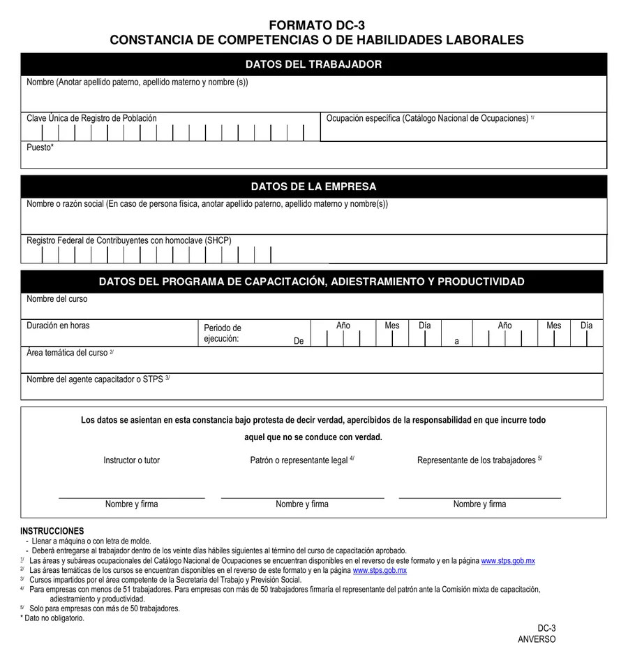 Formato DC-3 en blanco: anverso con los apartados Datos del trabajador, Datos de la empresa, Datos del programa de capacitación y firmas